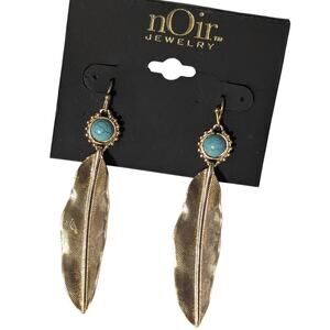 nOir Gold Tone Leaf Turquoise Dangle Earrings